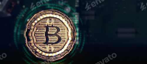 Preview: Glitch effect of Gold metallic bitcoins with 01 binary data digital glowing