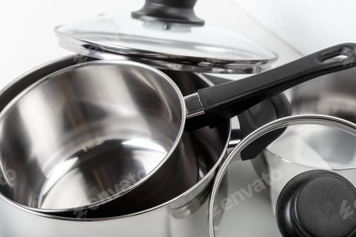 Preview: Stainless steel pots and pans isolated on white