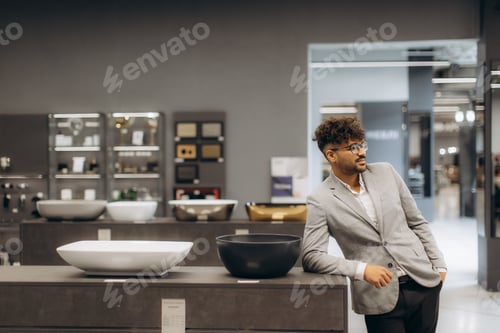 Preview: Stylish Man Posing in Modern Showroom with Bathroom Sinks Displayed