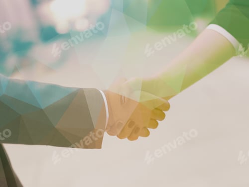 Preview: Double Exposure Design. Business Partners Concept With Businessman And Businesswoman Handshake At