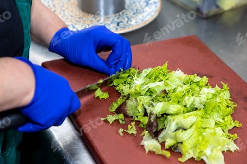 Preview: Female's hands chopping lettuce wearing gloves