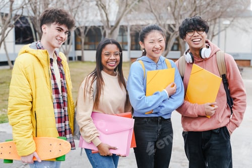 Preview: Multicultural College Student friends in the University Campus. International Exchange students