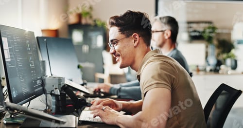 Preview: Computer, typing and web development with happy man in creative workplace for coding or design. Cyb