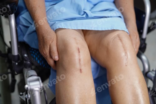 Preview: Asian senior woman patient show her scars surgical total knee joint replacement
