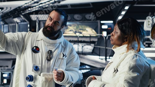 Preview: Astronauts discussing last details before stepping out outside space station