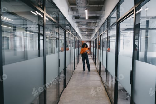 Preview: Confident Black businesswoman stands mid-corridor in an office