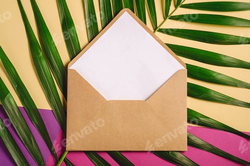Preview: Kraft brown paper envelope with white empty card on palm leaves