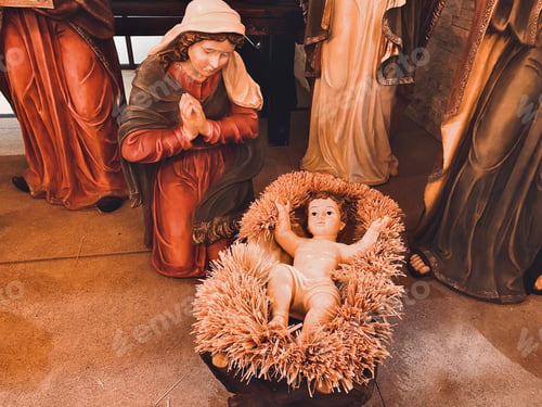 Preview: Beautiful nativity scene close up of Mary and Jesus in the manger. Birth of Christ