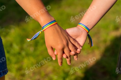Preview: Two young Caucasian females holding hands with LGBT pride bracelets outdoors