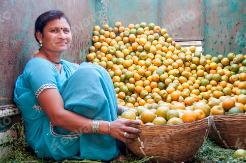 Preview: Woman vendor selling oranges at the street, India.