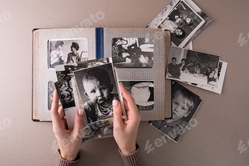 Preview: Printed vintage antique black and white retro photos. Memories and nostalgia.