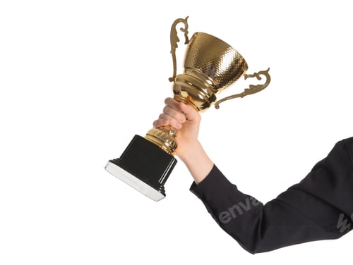 Preview: Woman with golden trophy cup on white background, closeup