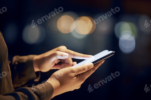 Preview: Closeup, hands and person with smartphone, night and typing with connection, communication and chat