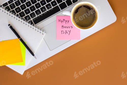 Preview: Boss day concept, laptop and cup of coffee on table, flat lay.