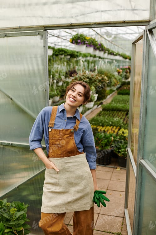 Preview: Joyful gardener tending to vibrant plants in a bright greenhouse space