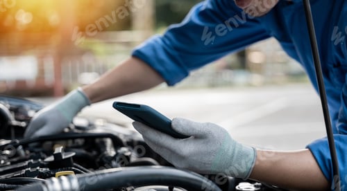 Preview: Mechanic use smartphone repair car.