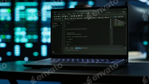 Preview: Focus on laptop used by engineers coding in modern data center