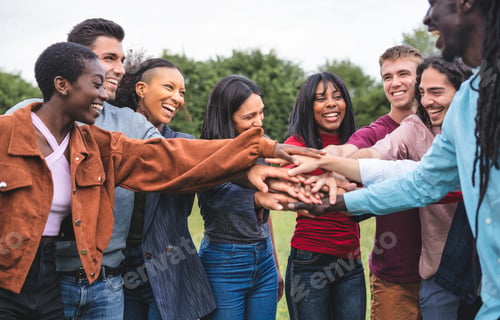 Preview: Large group of Multicultural community of friends socializing outdoors and having fun together