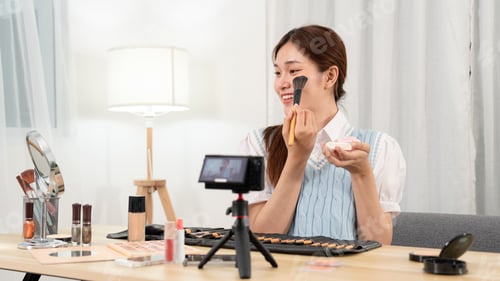 Preview: beauty influencer is using brush to applying blush on on cheek to testing and recommend cosmetic