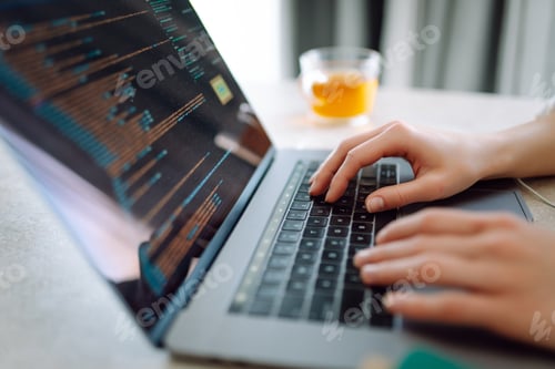 Preview: Close-up of woman's hands on a laptop keyboard, typing on modern laptop at home. Freelancing concept