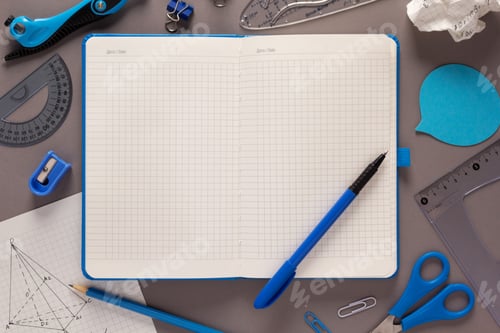Preview: Open notepad and school stationary supplies at paper table background. Back to school flat lay