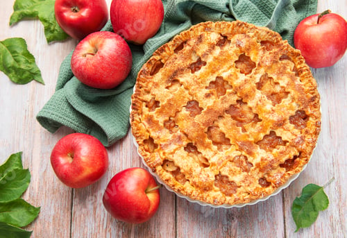 Preview: Freshly baked apple pie surrounded by ripe red apples and green leaves on rustic wooden table