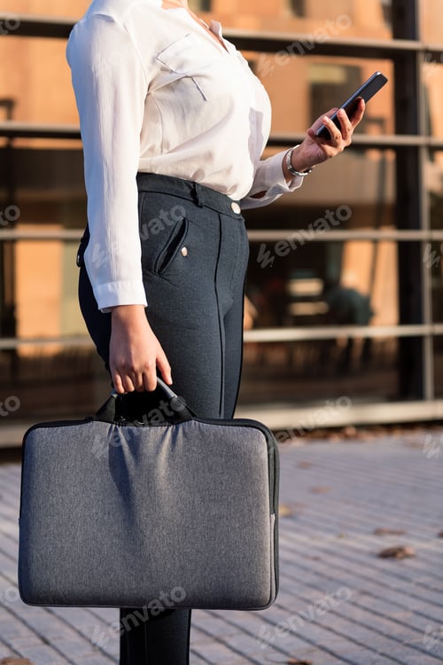 Preview: unrecognizable woman with briefcase and phone