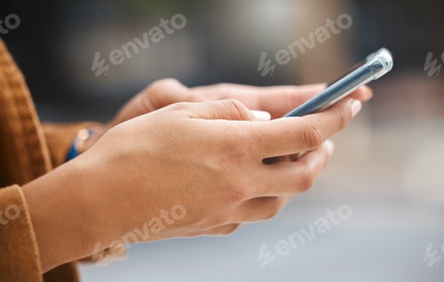 Preview: Hands, cellphone and woman in city typing on social network, internet search and mobile gps for tra