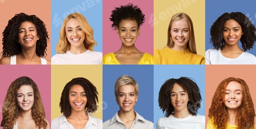 Preview: Collage set of happy diverse multicultural women