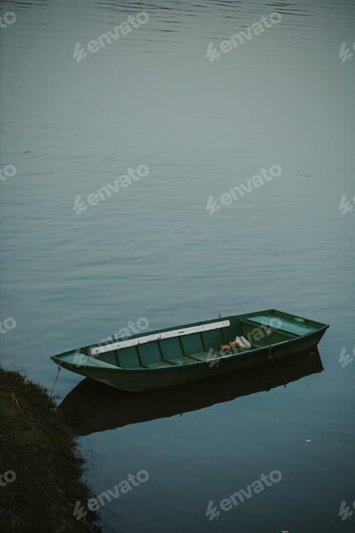 Preview: Vertical shot of a green boat on the lake