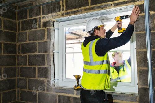 Preview: A workman on a construction site, a builder in hard hat using an electric drill on a window sill.