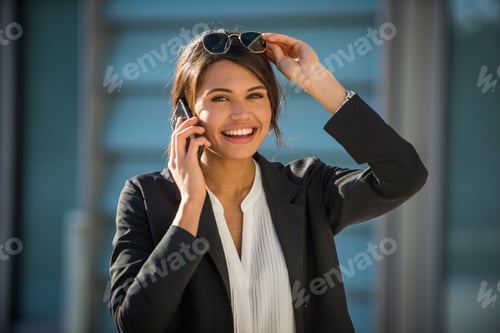 Preview: Smiling Woman Talks on Phone Outside Building