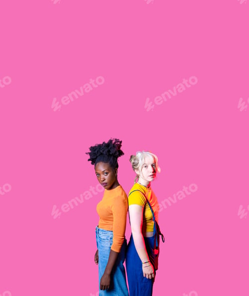 Preview: Two young diverse multicultural caucasian and black women best friends standing