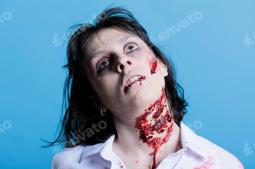 Preview: Woman with bloody neck pretending to be dead before turning into zombie