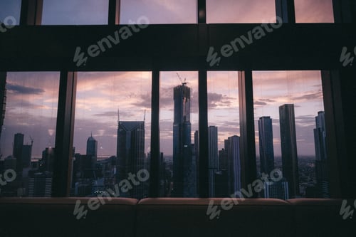 Preview: View of the beautiful urban city tall buildings and skyscrapers from a window
