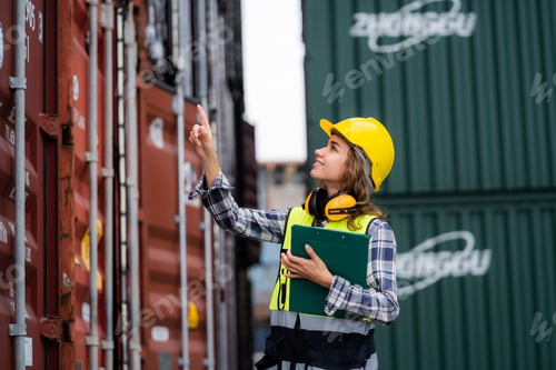 Preview: Female workers in the container industry transporting imports and exports of goods