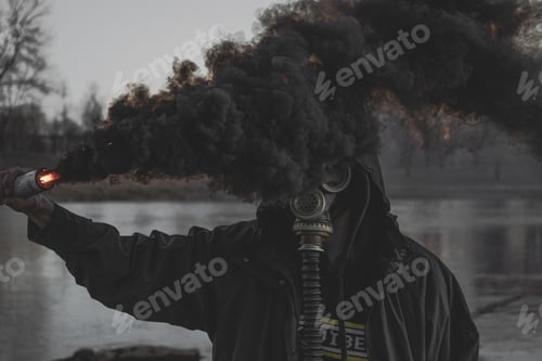 Preview: Person Wearing Gas Mask Holding Smoke Grenade