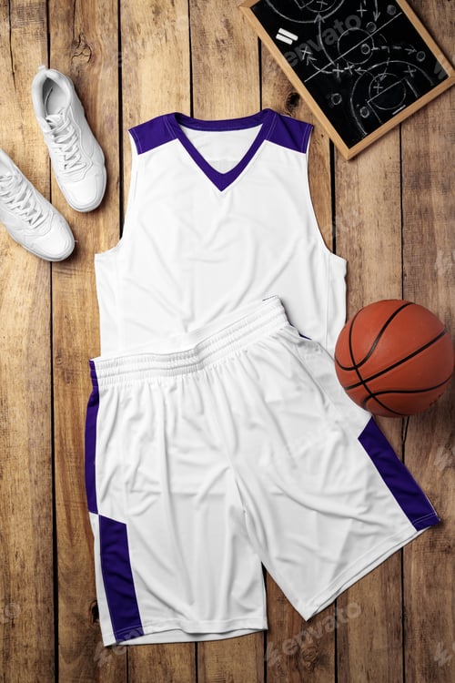 Preview: Basketball uniform on wooden background top view