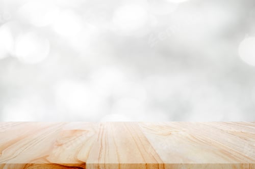 Preview: Wood table top on white bokeh abstract background.