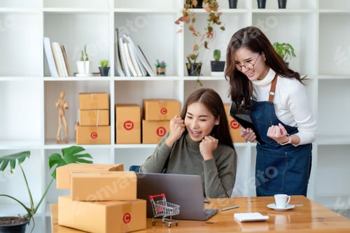 Preview: Small business owner wearing an apron is successful selling online using laptop computer.