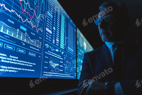 Preview: The old businessman standing near the big blue screen with graphics