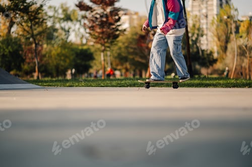 Preview: Skater riding skateboard in skatepark at sunset