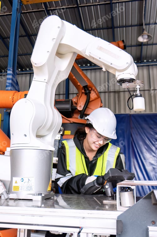 Preview: Young female asian service engineer holding robot controller operate robot arm automation factory