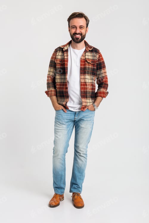 Smiling Man Poses Wearing Jeans and Plaid Shirt