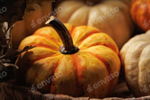 Preview: Closeup of orange striped pumpkin with dry leaves