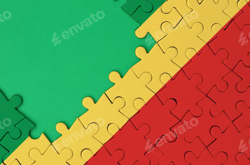 Preview: Congo flag is depicted on a completed jigsaw puzzle with free green copy space on the left side.