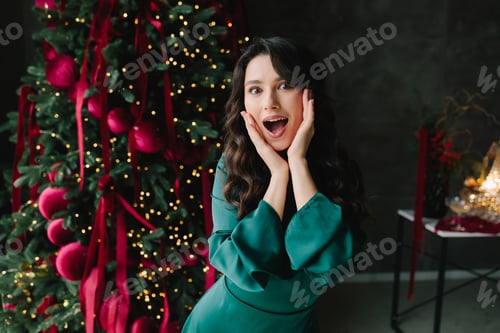 Preview: Woman reacts in amazement enjoying festive Christmas and New Year celebration.