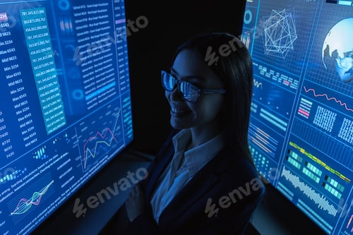 Preview: The businesswoman look on the blue monitor.