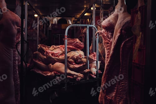 Preview: Pork meat in a factory storage.