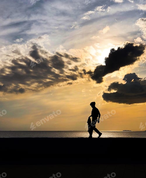 Preview: Silhouetted teenage boy with skateboard on sunset.